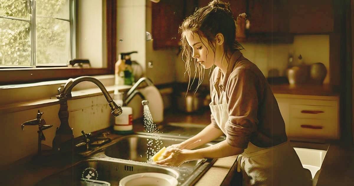 A woman is at the kitchen sink, dreamily washing dishes under running water, with a window view of greenery.