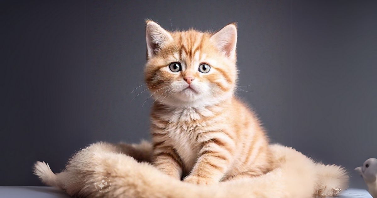 A fluffy orange tabby kitten sits on a light-colored fur surface against a gray background.